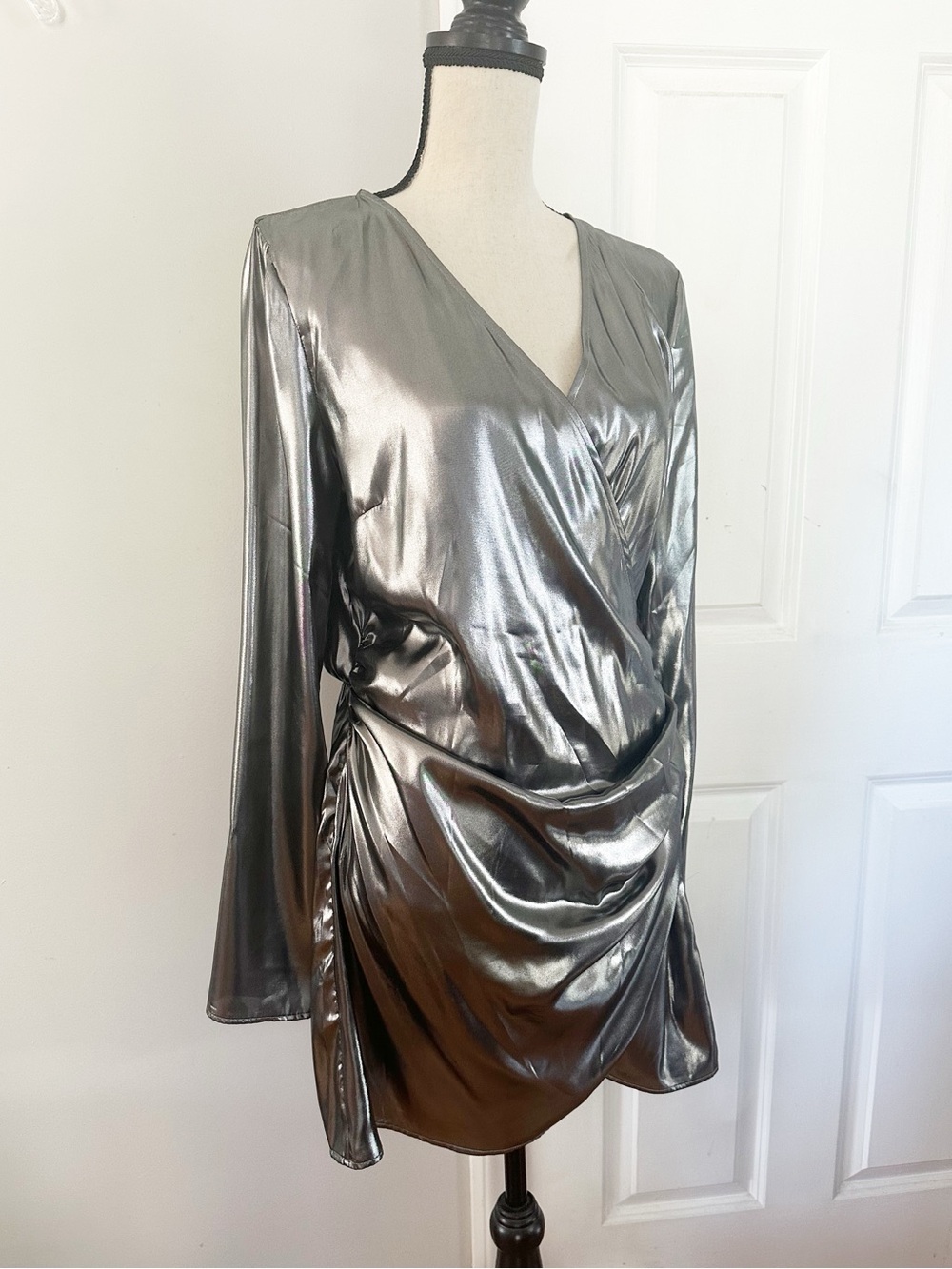 Silver Metallic Faux Wrap Long Sleeve Mini Dress